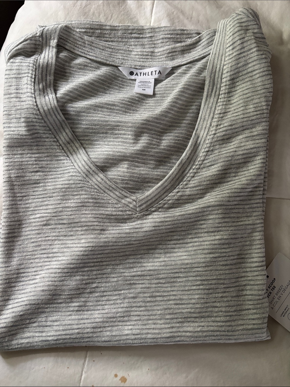 Athleta Light Gray Striped V-Neck Tee